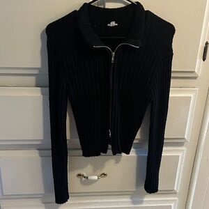 Garage Black Ribbed Zip-Up Top